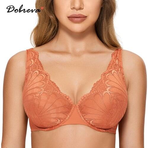 DOBREVA Womens V-neck Unlined Lace Bra Plus Size Underwire Bralette Sexy See Through Minimizer