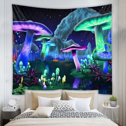 Fluorescent Mushroom Castle Wall Hanging Tapestry Nature Art Galaxy Psychedelic Carpet Magical Forest Tree Background Cloth