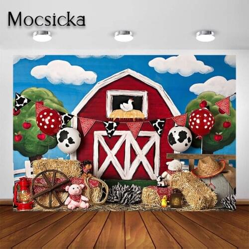 Mocsicka Farm Animal Scene Photography Backdrop Red Barn Birthday Party Decoration Background Farm Cake Smash Photoshoot