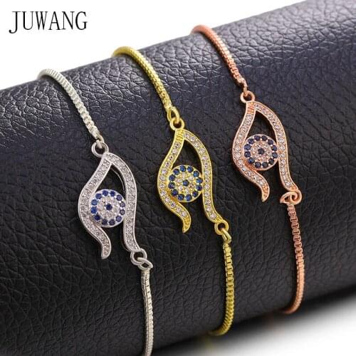 JUWANG Women Link Bracelets Cubic Zirconia Pave Setting Evil Eye Charm Adjustable Chain Bracelet Fashion Handmade DIY Jewelry