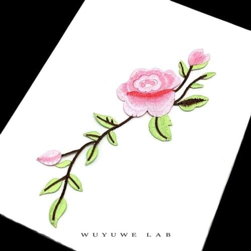 2pcs Pink Rose Flower Embroidered Iron on Patches for Clothing DIY Stripes Clothes Patchwork Sticker Custom Applique Craft