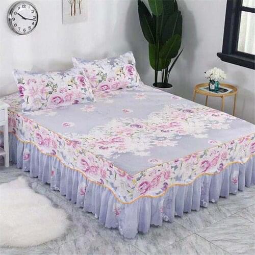 2020 Aloe cotton fabric with Lace Bed Skirt + 2pcs Pillow case Bedding Set Bedding 3 piece set soft / fashion plaid Skirt