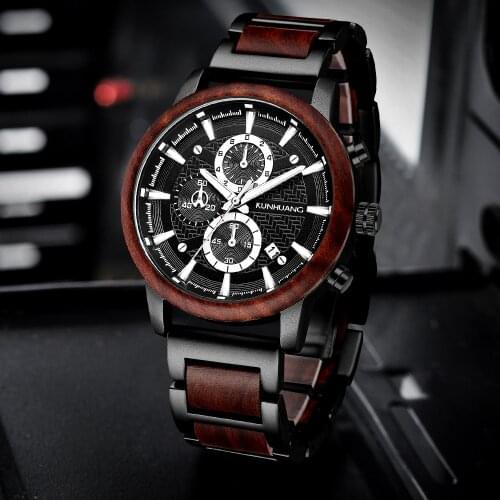 Multifunction Wooden Watches Mens Chronograph Quartz Calendar Watch Ebony Maple Red Sandalwood Clock Full Wood Strap Male Reloj