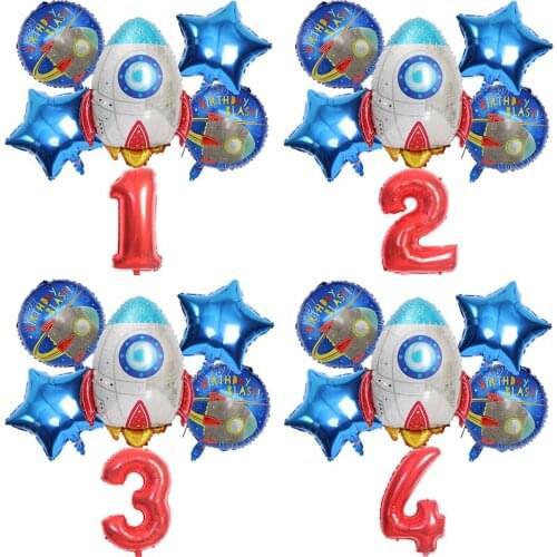 6pc 32 Inch Digital Aluminum Foil Rocket Star Balloon Confetti Latex Balloon Set Birthday Party Decorations Kids Baby Shower