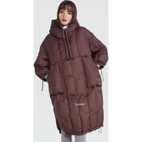 2021 High End Large Size Literary Big Pocket Drawstring Half Zipper Pullover Long 90% White Duck Down Slit Over The Knee Coat