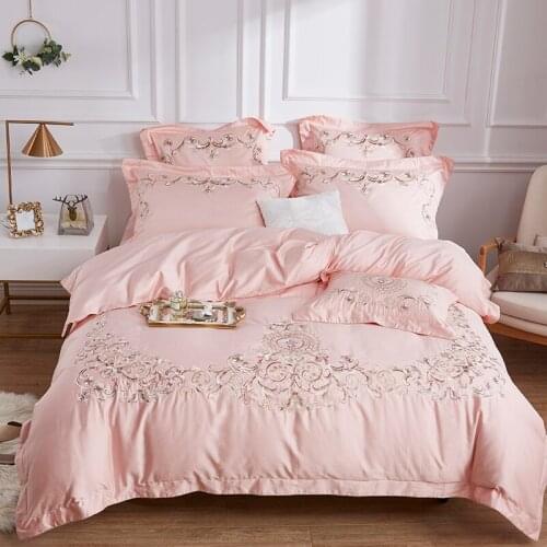 New Luxury Solid 100S Egyptian cotton Embroidery Bedding sets Queen King Royal Duvet cover Bed sheet set Pillowcases 4pcs Pink