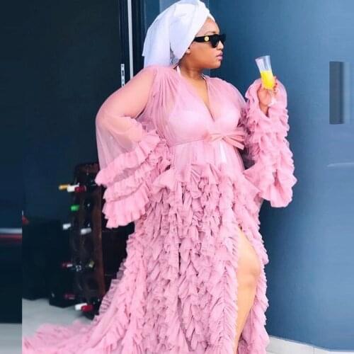 Dusty Pink Tulle Maternity Dresses Women Sheer Sexy Bridal Tulle Dress For Photography Shoot Puffy Sleeves Pregnancy Tulle Robes