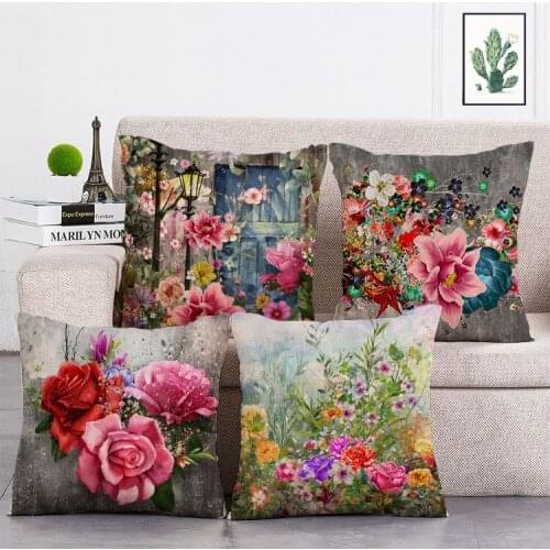 Oil painting rose Printed Retro Cushion Cover Linen Throw Pillow Car Home Decoration Decorative Pillowcase T489
