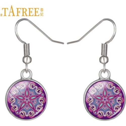 TAFREE purple stars pattern earrings for woman Henna Zen fashion brincos grandes para mulheres Sri Yantra jewelry H351