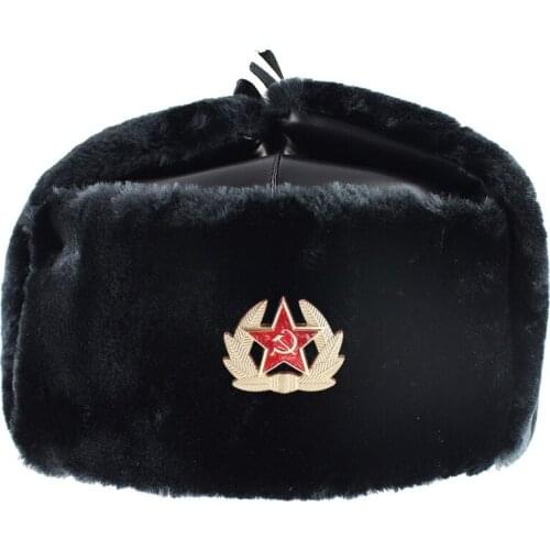 Soviet Army Military Badge Russia Ushanka Bomber Hats Pilot Trapper trooper Hat Winter Faux Rabbit Fur Earflap Men Snow Caps