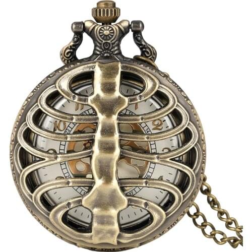 Steampunk Bronze Spine Ribs Hollow Quartz Pocket Watch Men Women Necklace Pendant Sweater Chain Creative Best Gift
