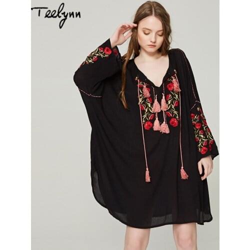 TEELYNN boho dresses 2018 rayon Floral Embroidery v-neck fringe flare long sleeve black dresses loose Hippie short dress women