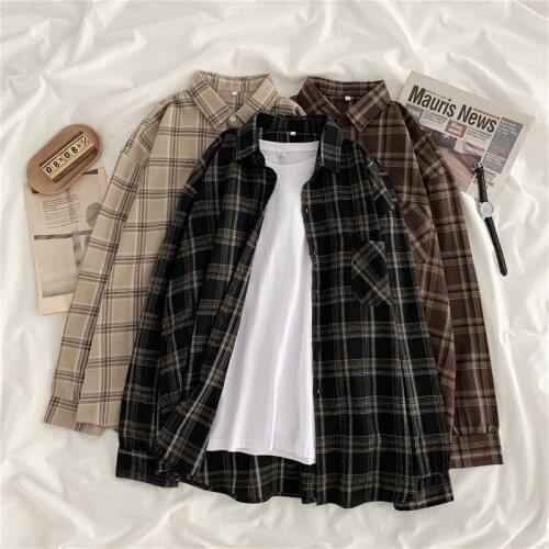 Vintage 2021 Autumn Fashion Women Long Sleeve Turn-down Collar Polo Shirts Pocket Plaid Casual Blouse