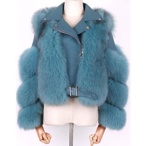 YOLOAgain Women Turn Down Collar Real Fox Fur Jacket Genuine Leather Coat
