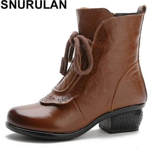 SNURULAN 2021 Autumn Womens Shoes Leather Boots Women Fashion Winter Boots Women Flats Non-slip Warm Thick-soled Shoes Women