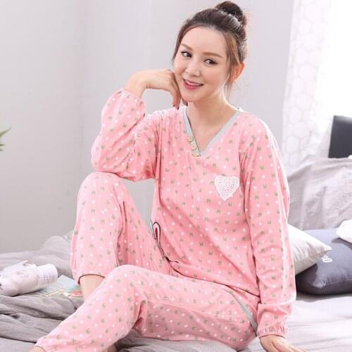 Womens Pajamas Sets Long Sleeve Suit Cute Print Plus Size Sleepwear Womens Pijamas Suit Home Clothes Pyjama Femme