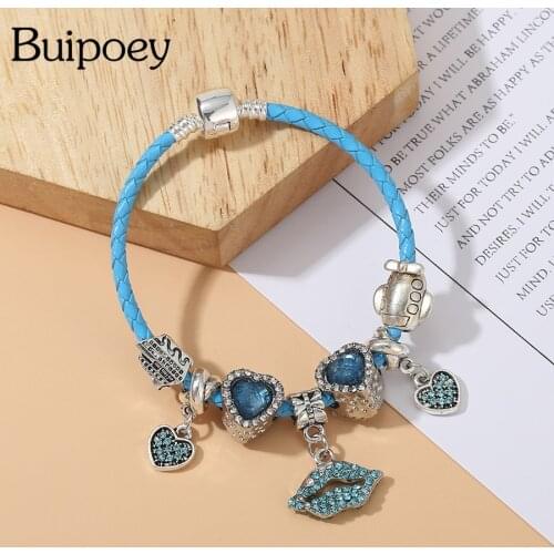 Buipoey Ocean Style Cyan Blue Braided Leather Bracelets For Women Airplane Cruise Heart Bead Rhinestone Blow Kiss Charm Bracelet
