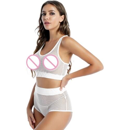 Women Transparent Two-piece Lingerie Set See-through Fishnet Cutout Tank Tops with Elastic Waistband Hot Pants Nightclub Costume