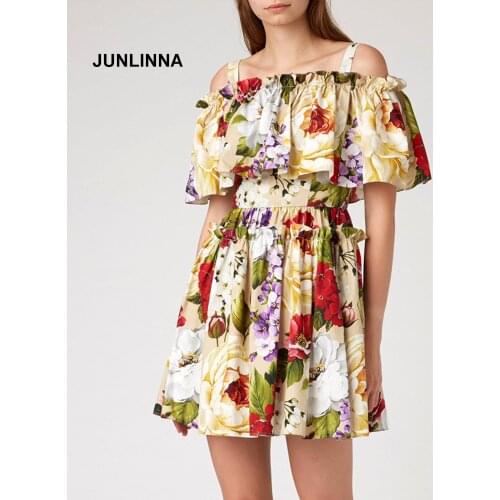 Runway Dress Summer Cotton Blending Sexy Spaghetti Stap Ruffle Sleeve Women Digital Printed Dresses Elegant Above Knee Vestidos