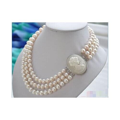 Women Gift word Love for women sterling-jewelry 3row 19" 10mm WHITE ROUND FRESHWATER PEARL NECKLACECZ Luxury Ms. girl