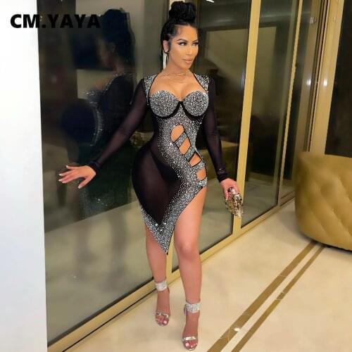 CM.YAYA Women Hot Rhinestone Mesh See Though Bodycon Dress Sexy Night Party Clubplunging Neck Lace Up Side Slit Midi Dresses