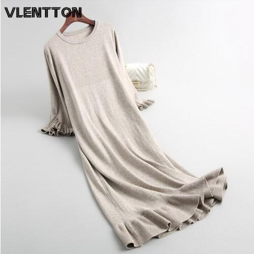 Autumn Winter New Women Long Pullover Knitted Sweater Maxi Dress Korean Solid Ruffles Casual Loose Party Dresses Ladies Vestidos