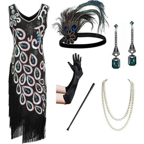 Women 1920s Vintage Great Gatsby Double V-Neck Sleeveless Beaded Sequin Tassel Art Deco Flapper Party Dress for Accessories