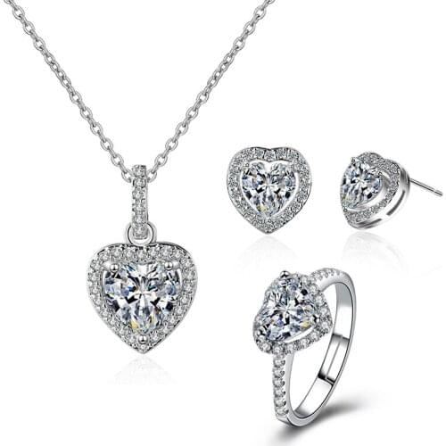 3 in 1 Exquisite 5A Heart Shaped Zirconia Pendants Necklaces Stud Earrings Ring Luxury Wedding Jewelry Sets for Women