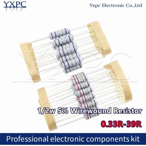 50pcs 1/2w 5% Wirewound Resistor Fuse 0.33R 0.5R 1R 2.2R 3.3R 4.7R 5.1R 10R 22R 30R 33R 39R
