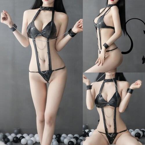 Women Sexy Lingerie Net Clothes Sexy Underwear Black Lingerie Bodysuit Patent Leather Open File Onesie Suit Exotic Costumes