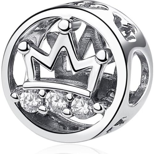 New 925 Sterling Silver Charms Beads Round Bead Sparkling Crown Charms Clear CZ Fit Pandora Original Bracelets Women DIY Jewelry