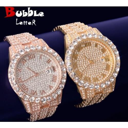 Mens Watch Gold Color Big Dial Military Quartz Clock Luxury Big Rhinestone Business Waterproof