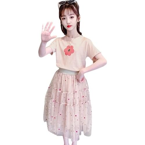 Kids Clothes Tshirt + Mesh Dress Clothes For Girls Floral Big Girls Clothes Geometric Childrens Summer Clothing