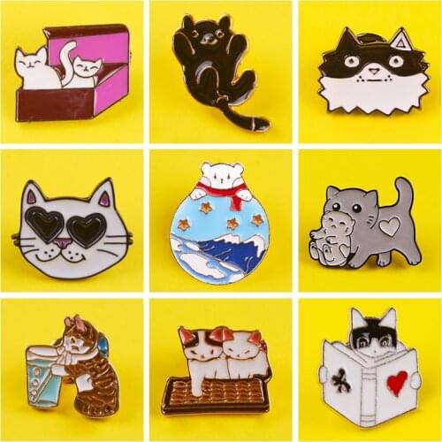 Cartoon Cat Enamel Pin Brooch Pins Cat In Box Read Books Lapel Pin Coat Badge For Clothes Fashion Jewelry For Kids Women Gift