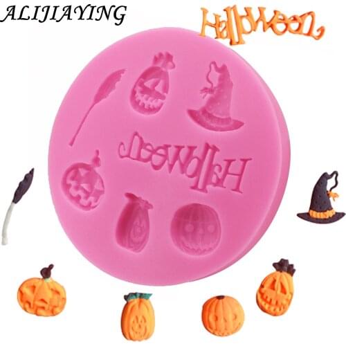 Hot Selling Halloween Pumpkin witch hat broom Silicone Mold Fondant DIY cake Decorating Tools D0016