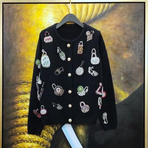 Winter Runway Sweater Cardigans Women Luxury Brand Design Elegant Diamond Beading Beautiful Loose Warm Cardigans Sweaters