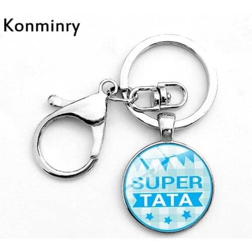 Konminry Hook Meilleur Parrain Glass Keychain Glass Pendant Super Tata Tonton French Letter Art Design Keyring Chain Jewelry