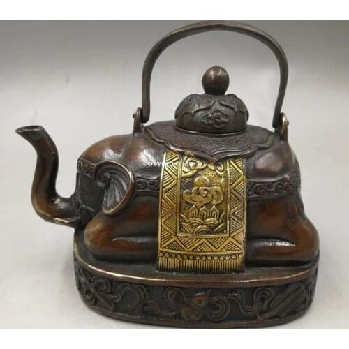 4'' copper carved auspicious beast Elephant cup pot teapot statue