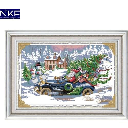 NKF Roadster Santa Cross Stitch Set DIY Kit Handmade Craft Needlework Embroidery Printed Design Stitching Home Decor