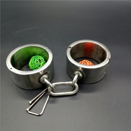 Stainless steel heavy type handcuffs bdsm fetish slave bondage wrist restraints metal hand cuffs torture adult sex toys products