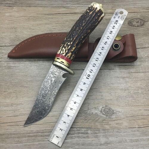Damascus steel knife blade hunting knife Antlers horn handle handmade damascus forged steel knife gift knife