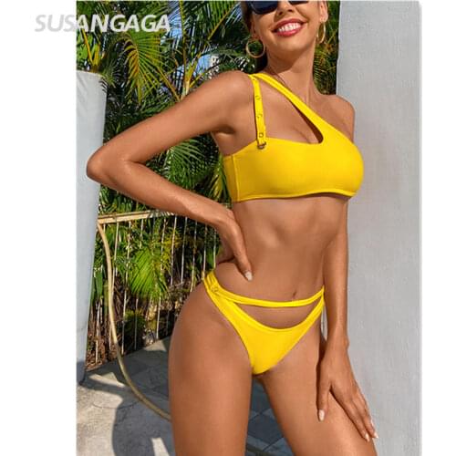 Sexy Bikinis One Shoulder Swimsuit Women 2021 Push Up Swimwear High Cut Bathing Suit Cut Out Brazilian Bikini New Beachwear