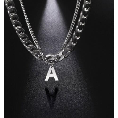 Skyrim A-Z Initial Letter Alphabet Punk Men Necklace Stainless Steel Double Layer 7mm Cuban Link Chain Hip Hop Jewelry Hot