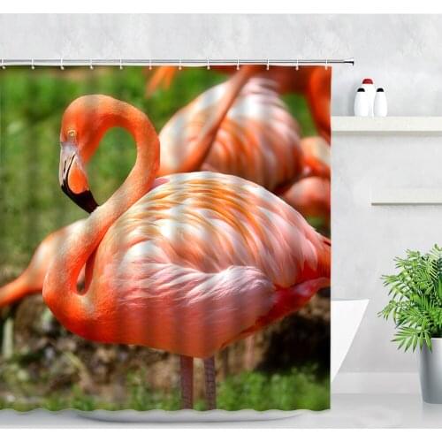 Pink Flamingo Shower Curtains Waterproof Fabric Bathtub Screen Wild Animals 3D Natural Scenery Home Bathroom Decor Hooks Curtain