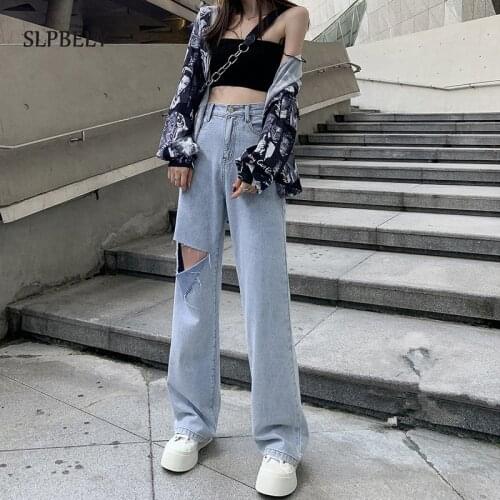 SLPBELY Streetwear Ripped Hole High Waist Jeans Spring Summer Women Wide Leg Pants Casual Hole Straight Denim Vintage Trousers