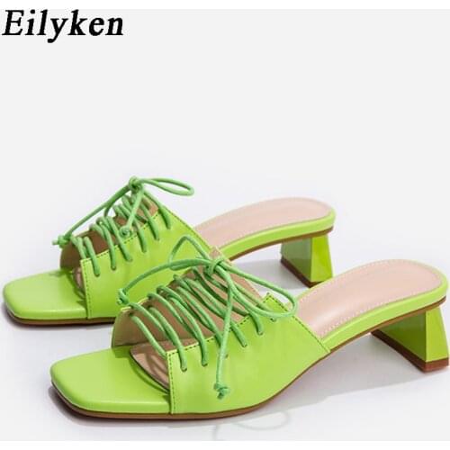 Eilyken 2021 New Women Slippers Slides Open Toe Low High heels Shoes Sandal Female Leisure Ankle Lace-Up Outdoor House Shoes