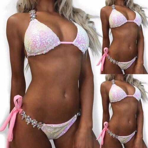 Fashion Womens Sexy Sequin Crystal Bikini Set Bandage Push-up Padded Bra Bikini Swimsuit Swimwear Female Monokini Bathing Suit