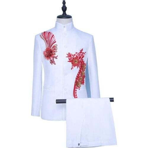 White blazer men groom suit set with pants mens Youth sequins Chinese tunic suit singer stand collar stage clothing formal dress