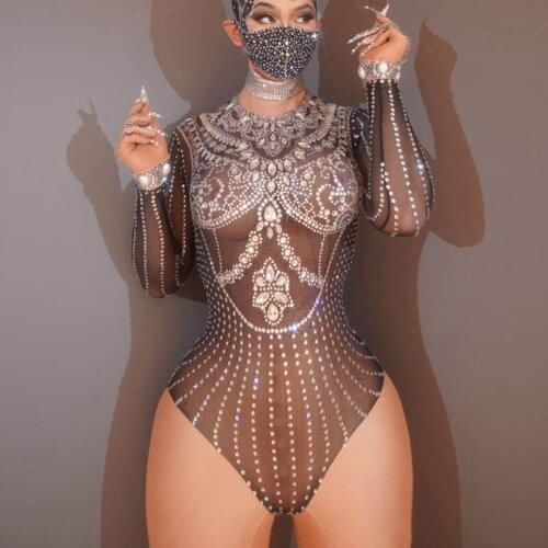 Shining Rhinestone Black Sexy See-through Bodysuit High Slit Veil Tailing Skirt Women Nightclub Outfit Bar Singer Stage Costume