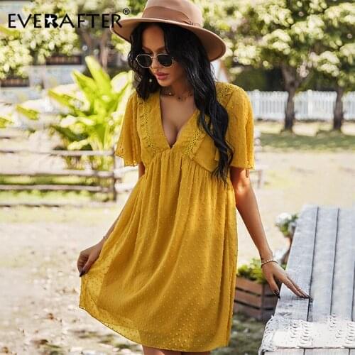 EVERAFTER Sexy V-Neck Loose Solid Dress Spring Summer High Waist Ruffled Short Sleeve Women Dress Comfortable Holiday Dresses
